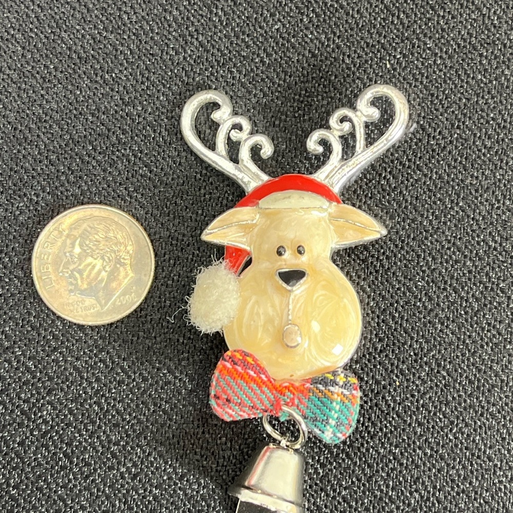 Vintage Silver Tone Christmas Reindeer Bow tie Jingle Bell Brooch